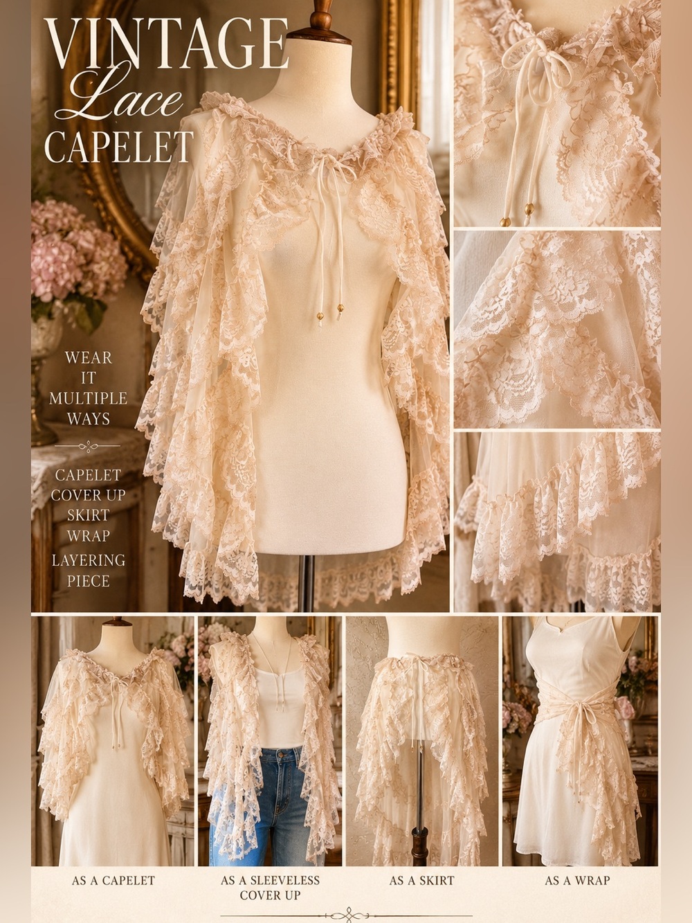 Vintage Ivory Lace Peignoir Cover-Up • Romantic Ruffled Lace • Multi-Way Styling